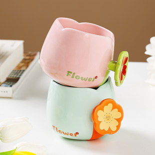 韩式高颜值花朵马克杯ins女家用陶瓷杯办公室水杯情侣伴手礼杯子