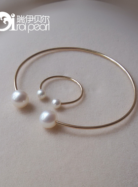 瑞伊贝尔七夕节特价新款14K注金75-8淡水珍珠双珠手镯戒指套装