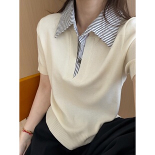 拼接半袖 此外 新款 上衣女2026春季 高智感气质上衣潮 翻领针织短袖