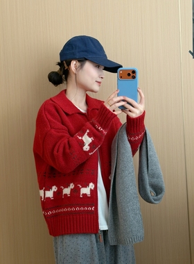 此外 提花小马红色圣诞毛衣外套女2025冬季新款新年翻领针织开衫