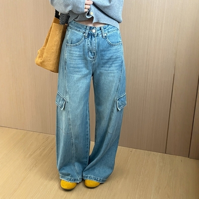 此外侧边口袋牛仔工装裤女