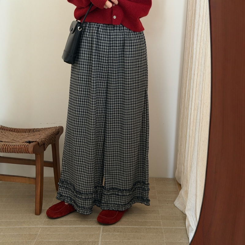 此外 木耳边设计感松紧腰格子裤女2025秋季新款复古宽松阔腿裤潮