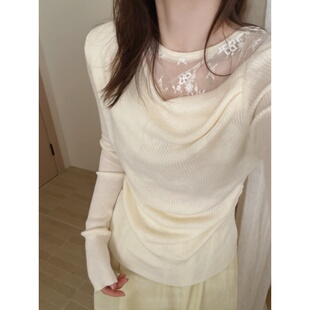 新款 女2026春季 温柔修身 打底衫 此外 长袖 蕾丝褶皱拼接设计针织衫