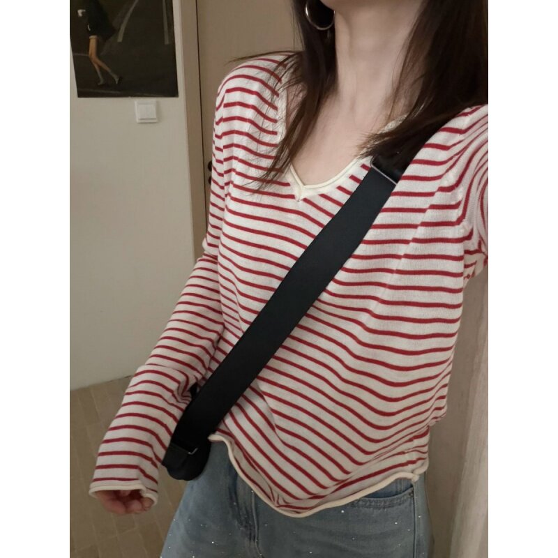 此外 V领条纹针织衫上衣女2026春季新款长袖套头小衫宽松慵懒百搭