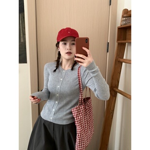 薄款 此外 新款 女2026春季 弹力毛衣外套潮 纯色圆领小扣子针织开衫