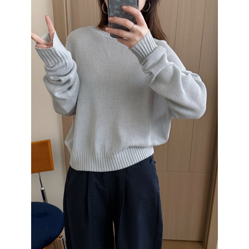 此外 圆领蝙蝠袖冰丝纯色针织衫女2026春季新款气质套头薄款毛衣