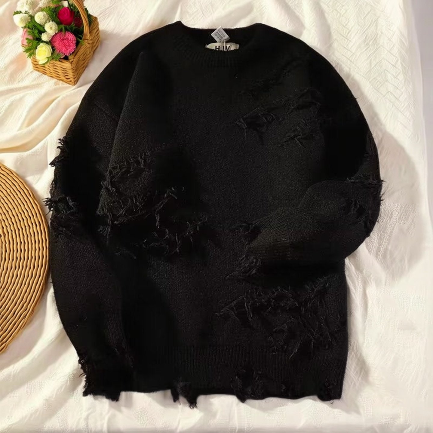 春季新款破洞毛衣男女ins慵懒风宽松针织衫高级设计感小众上衣