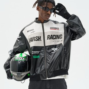 【Aespa-柳智敏同款】harshandcruel美式复古赛车服仿皮夹棉夹克