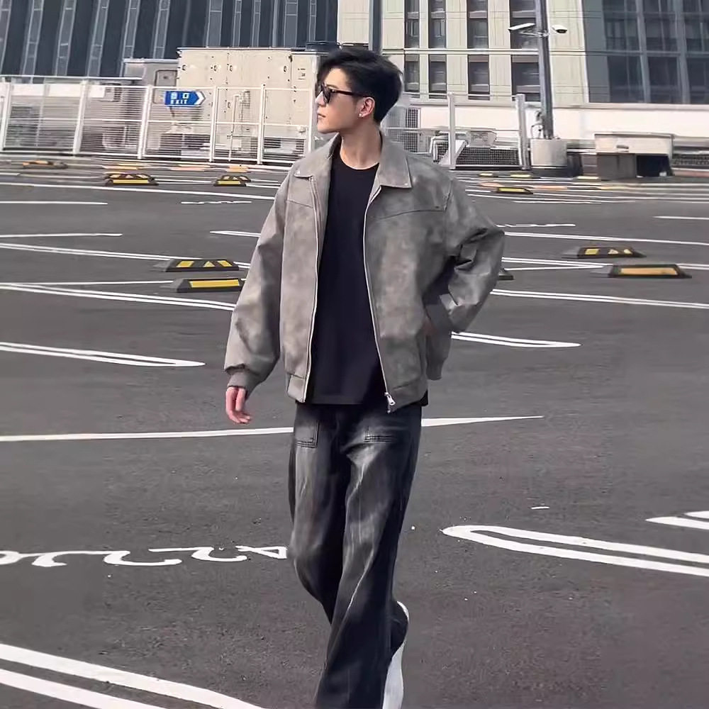 灰色短款皮衣外套春秋新款美式痞帅高级感男装复古翻领机车皮夹克