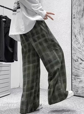春秋格子裤男英伦直筒垂感ins潮牌港风日系潮流休闲复古宽松裤子
