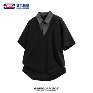 GENIOLAMODE夏季假两件polo衫男士短袖T恤宽松美式百搭上衣潮流