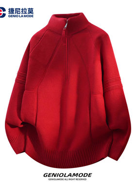 GENIOLAMODE圣诞红色新年半拉链复古毛衣男冬季新款情侣针织上衣