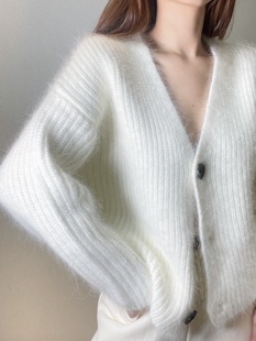 AB自制 白色兔毛绒绒开衫粗针毛衣针织衫外套休闲简约