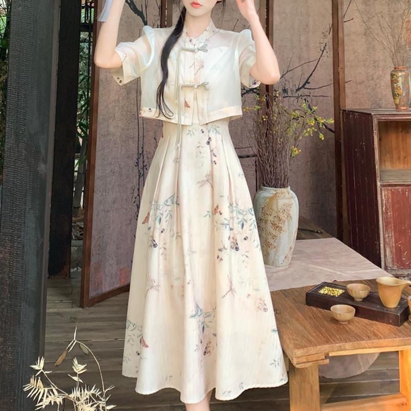 新中式套装夏季新款2025国风复古印花盘扣吊带裙碎花连衣裙两件套