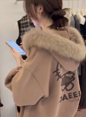 2025新款秋冬季美式Kitty毛领连帽外套时尚慵懒宽松加绒卫衣开衫