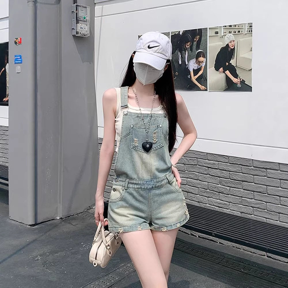 美式复古做旧水洗破洞牛仔背带短裤女2026夏季新款辣妹显瘦短裤子
