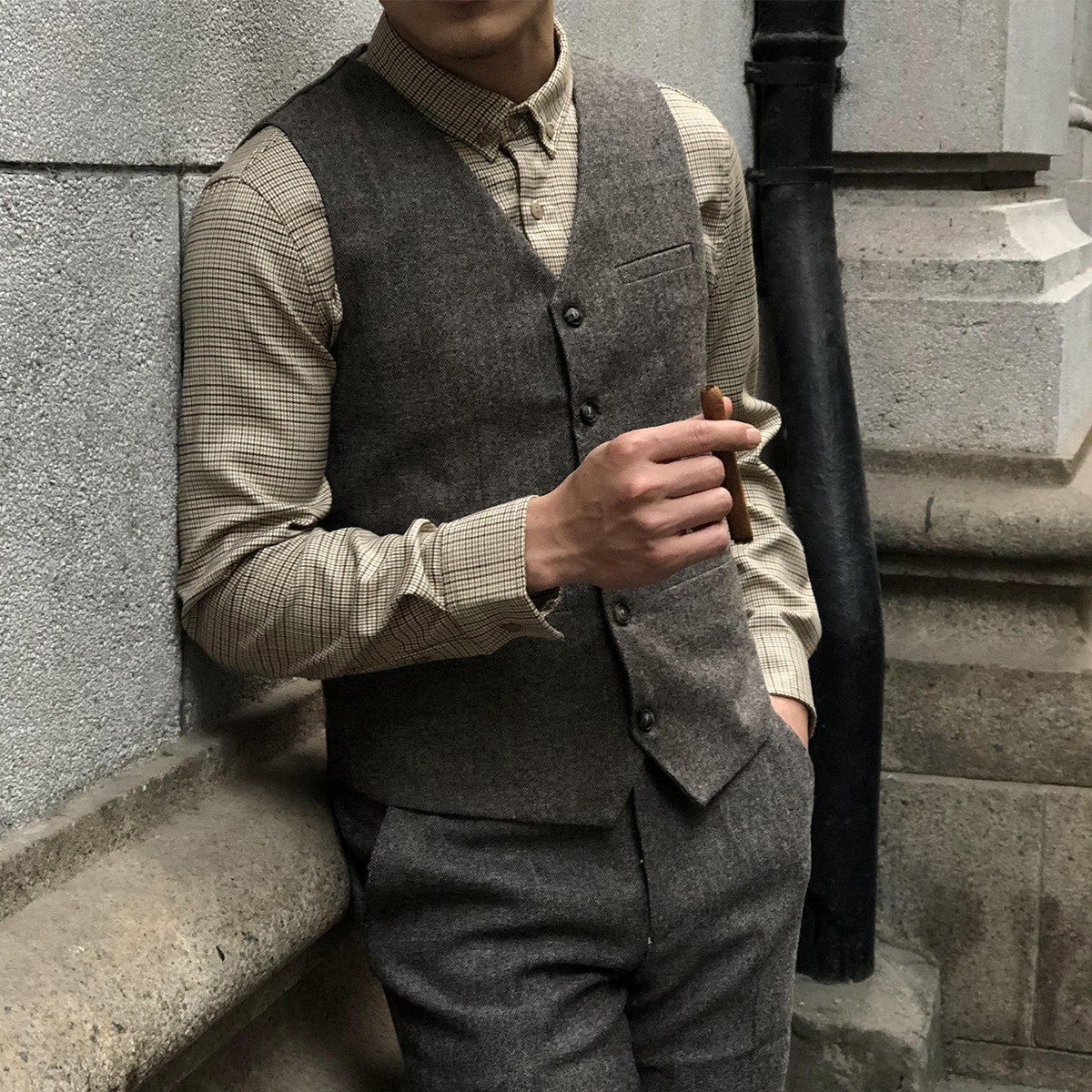 MCCEVTG VINTAGE VEST MENS BRITISH SLIM FIT HERRINGBONE BUSINESS CASUAL SHOULDER MENS SUIT PONY CLIP TIDE