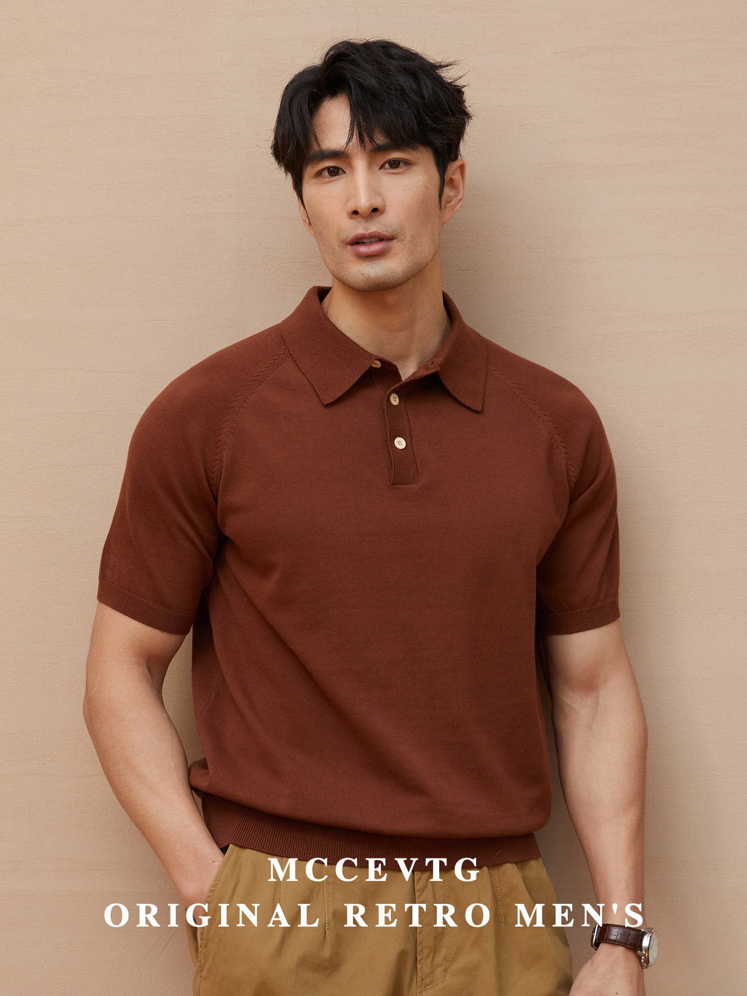 MCCEVTG HIGH TWIST COTTON KNIT POLO SHIRT SHORT SLEEVE AMERICAN VINTAGE RAGLAN SLEEVE CASUAL SOLID COLOR LAPEL T-SHIRT MEN