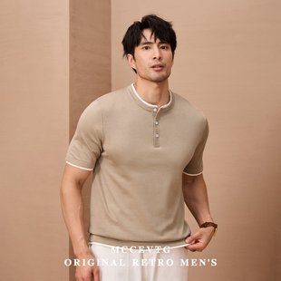 男士 MCCEVTG美式 通勤T恤夏季 休闲简约时尚 亨利领纯色复古针织短袖