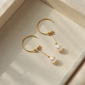 铜镀真金复古高级感C形直针珍珠流苏耳坠港风设计感优雅气质耳饰