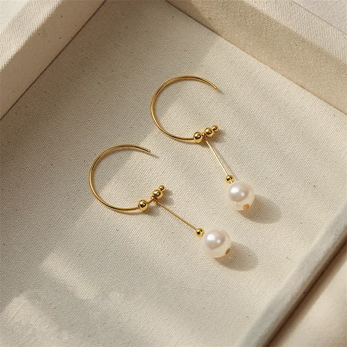 铜镀真金复古高级感C形直针珍珠流苏耳坠港风设计感优雅气质耳饰