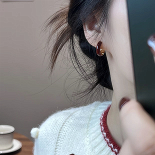 复古亮面红滴釉耳扣小巧百搭精致显气质简约耳饰 百搭法式 新款 秋季