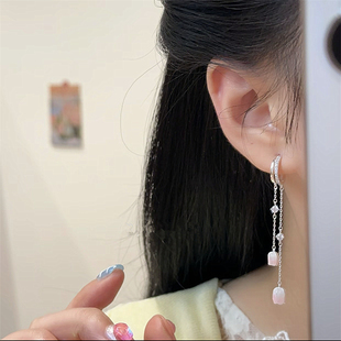 925银针夏天耳饰粉色长款不对称郁金香流苏耳扣简约通勤甜美精致