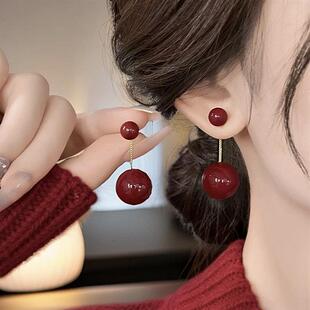 925银针耳饰秋冬百搭精致灵动红珠珠流苏耳饰简约小众气质复古女