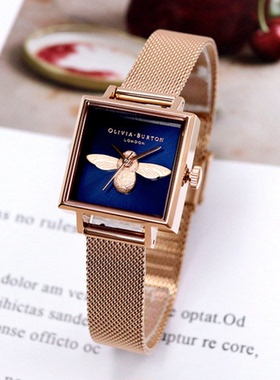 生日礼物英国正品OliviaBurton方形深蓝3D小蜜蜂花女OB手表休闲