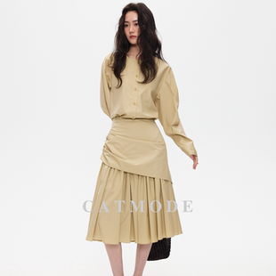 褶皱下摆设计感半裙套装 LION&CAT 极简无领衬衫