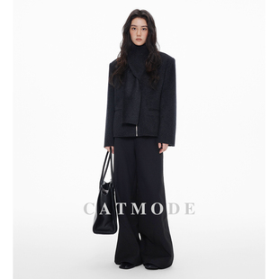 LIONCAT/25秋冬极简风高级感黑色围巾款双面呢外套女短款气质百搭