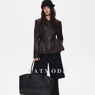 皮外套 LION&CAT深棕收腰荷叶边皮衣女 翻领单排扣显瘦通勤