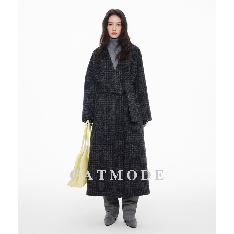 复古格子羊毛呢大衣外套