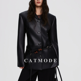 LION&CAT极简暗黑复古通勤皮衣短款气质轻奢黑色女式外套