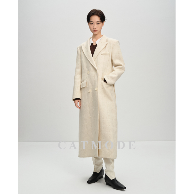 双排扣系带长款西装羊毛大衣外套