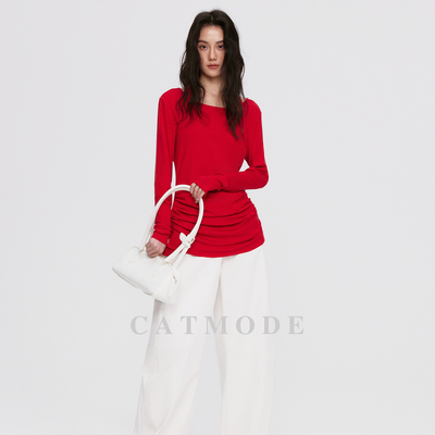 莱赛尔亚麻U领抽褶打底衫女