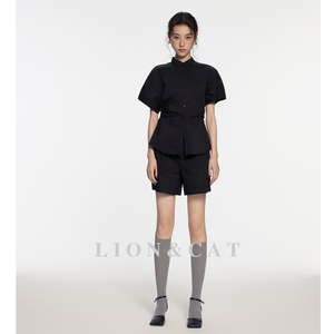 LIONCAT/新款时尚套装女褶皱腰身泡泡袖衬衫休闲阔腿短裤两件套夏