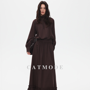 通勤套装 LION&CAT 荷叶边半身裙 上衣 深棕半高领灯笼袖