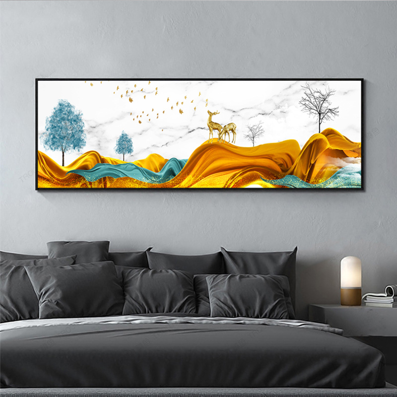 北欧卧室装饰画横版晶瓷麋鹿壁画现代简约床头挂画客厅沙发背景墙图片