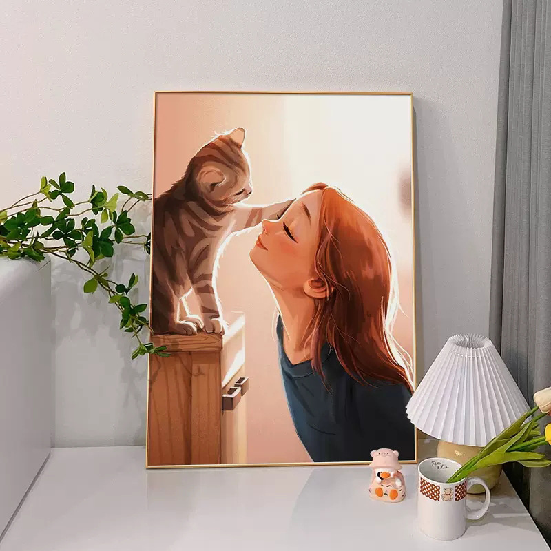 北欧女孩猫咪客厅装饰画温馨治愈系玄关走廊过道壁画小清新落地画图片