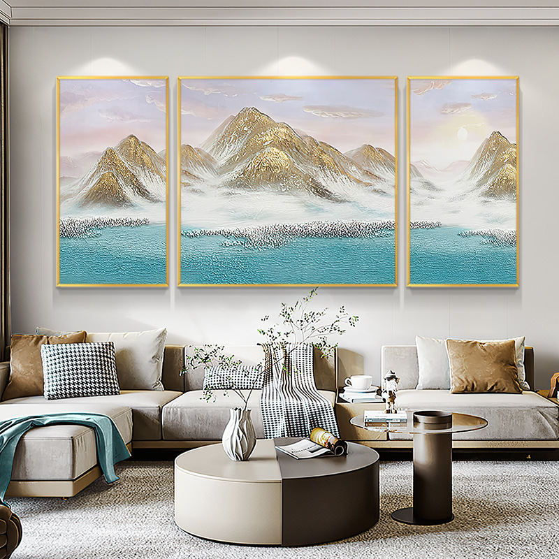 现代简约客厅装饰画三联画手绘肌理画轻奢沙发背景墙背靠金山挂画