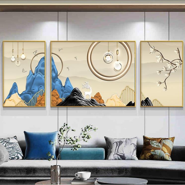 新中式轻奢大气晶瓷画背有靠山麋鹿几何灯光客厅沙发三联装饰画图片