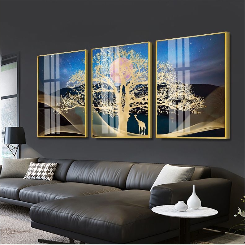 现代轻奢客厅装饰画简约晶瓷挂画沙发背景墙麋鹿三联壁画美式墙画图片