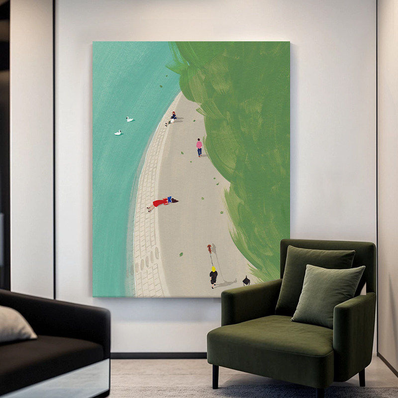 抽象人物手绘油画客厅玄关装饰画河边风景治愈系小众艺术挂画竖版