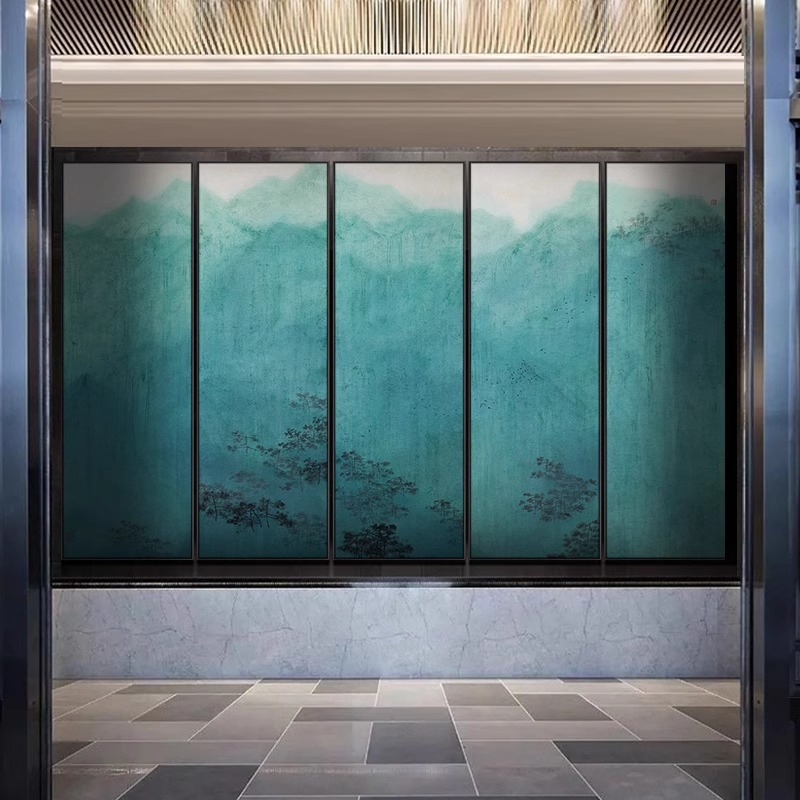 新中式酒店走廊大气风景挂画餐厅包厢会所前台壁画多联绿色装饰画
