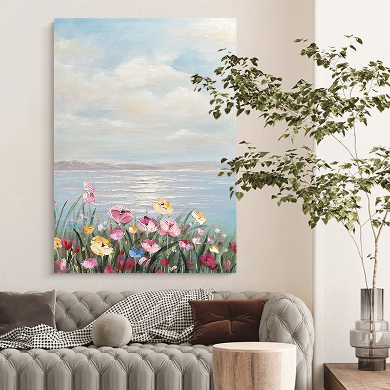 手绘油画海上繁花竖版油画卧室床头挂画轻奢沙发客厅背景墙装饰画
