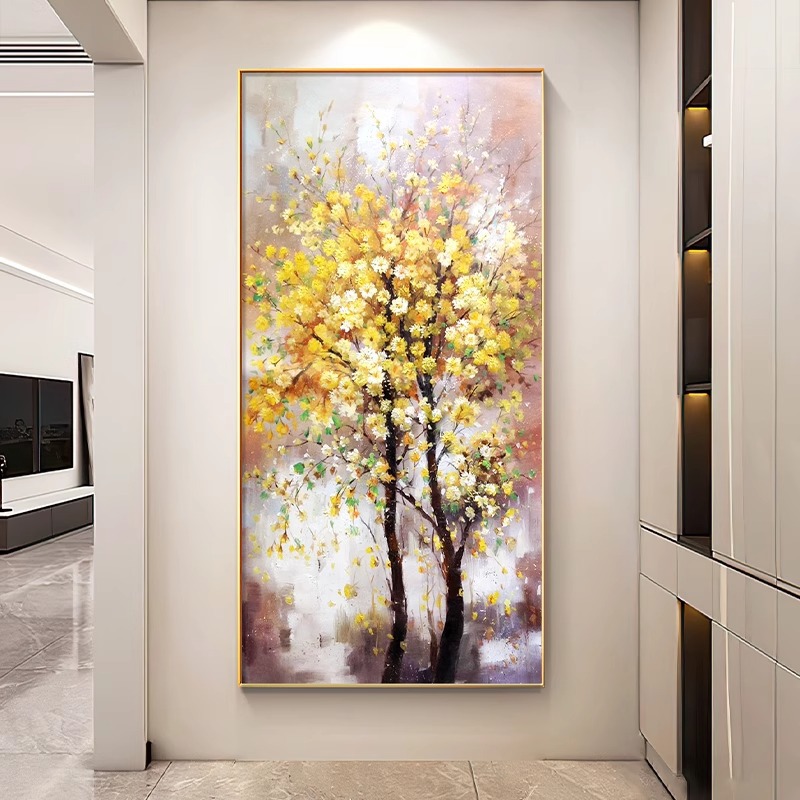 发财树玄关装饰画欧式轻奢入户走廊壁画现代竖版高档黄金过道挂画图片