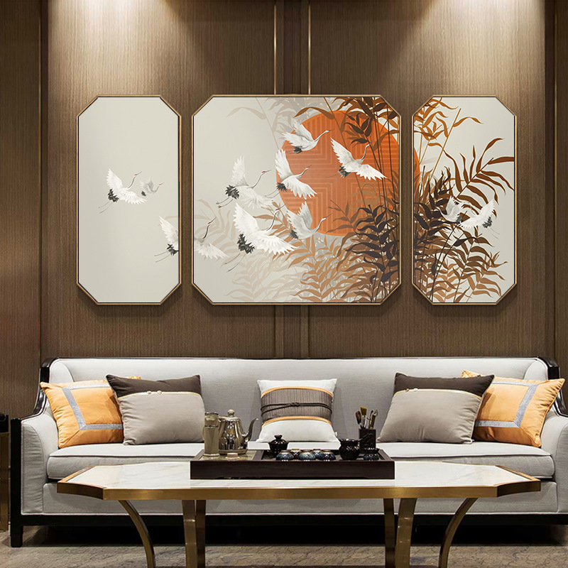 新中式仙鹤八边形装饰画客厅沙发背景墙三联画中国风禅意茶室挂画