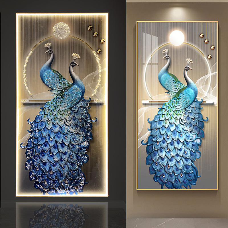 新中式孔雀入户玄关装饰画轻奢高档LED发光晶瓷镶钻走廊过道壁画