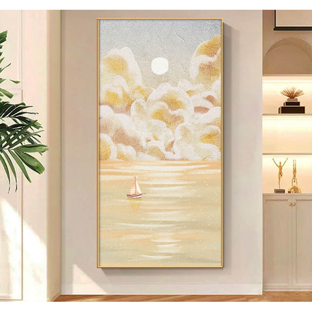 手绘油画奶油风一帆风顺海景小清新玄关装饰画壁画挂画客厅竖版入